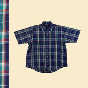90s XL Gant shirt, vintage blue & teal short sleeve plaid mens button down top